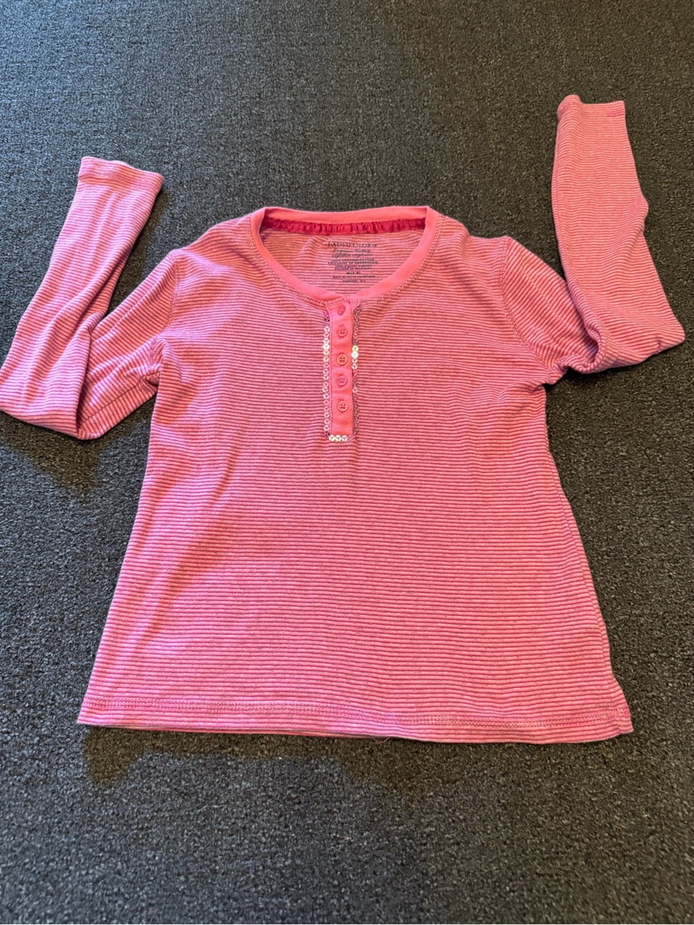 Faded Glory Girls Pink Striped Sequin Henley Top Long Sleeve Size 7-8